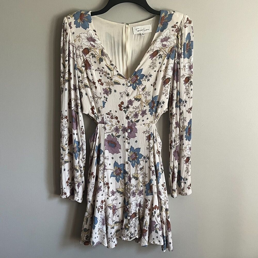 Sweet Lemon Floral Long Sleeve Cutout Mini Dress Sz M Boho Cottagecore Prairie